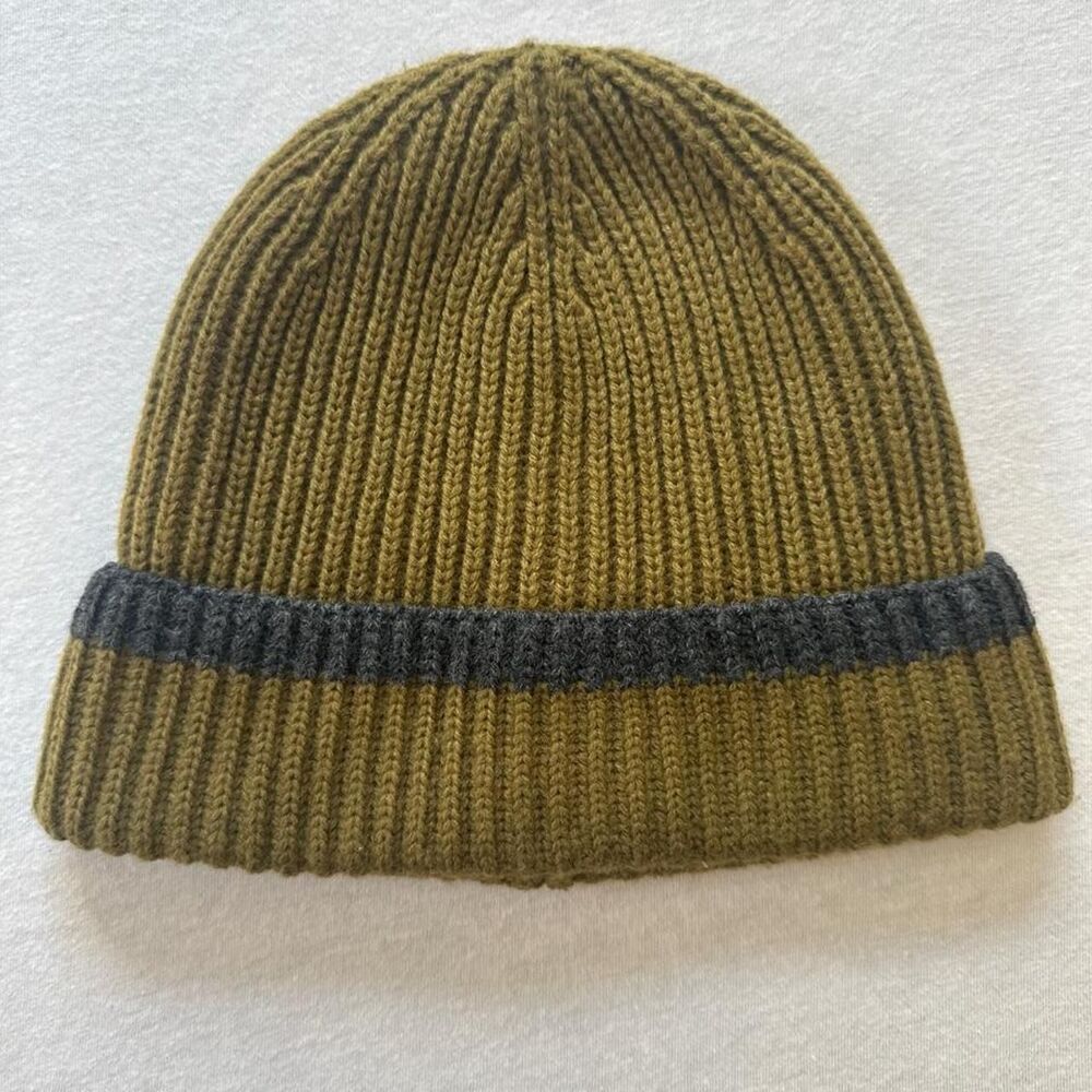 Zara Kids Ribbed Knit Beanie Winter Hat Khaki Green Charcoal Stripe